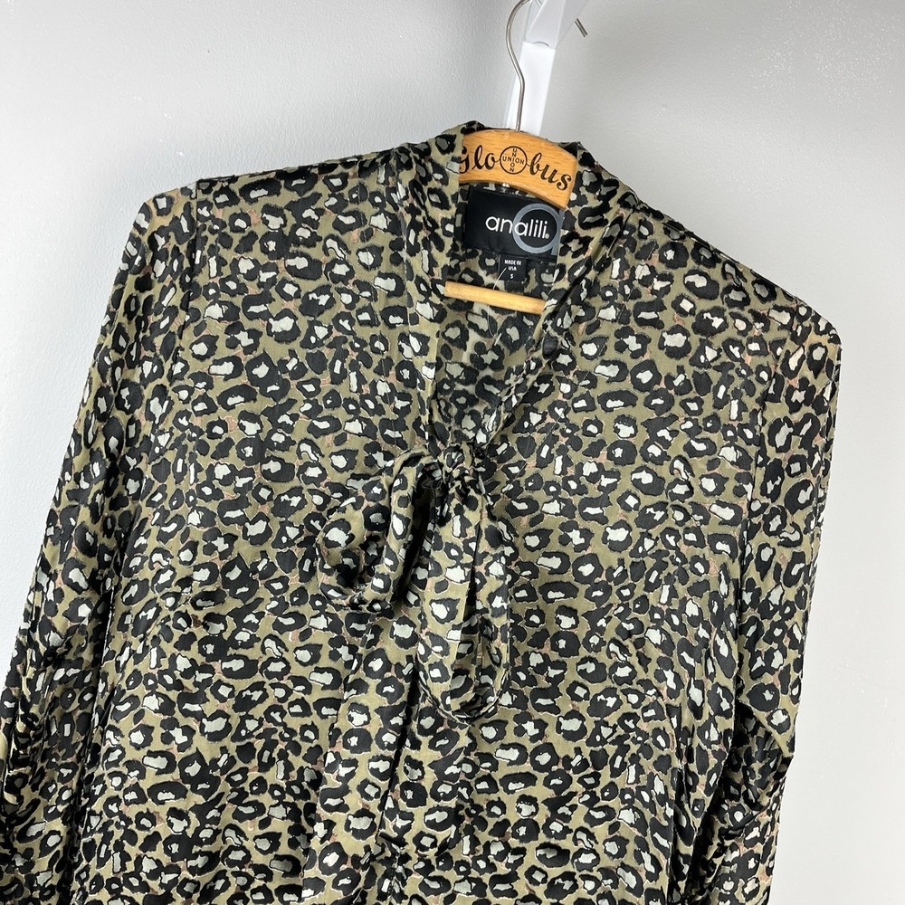 Analili Silk Blend Blouse Top Womens S Olive Green Animal Print‎ Whimsigoth